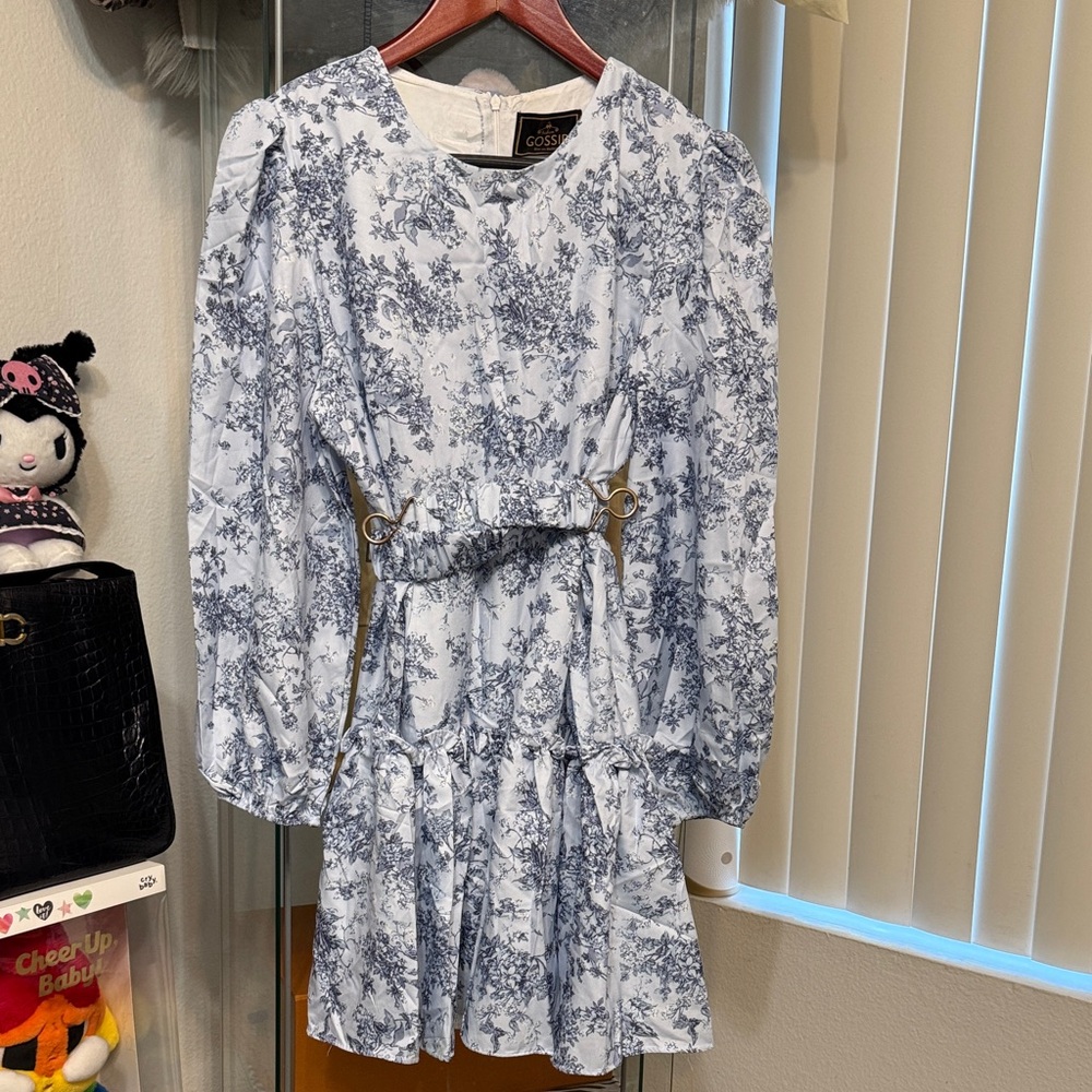 Gossip Blue and White Floral Dress with Belt
